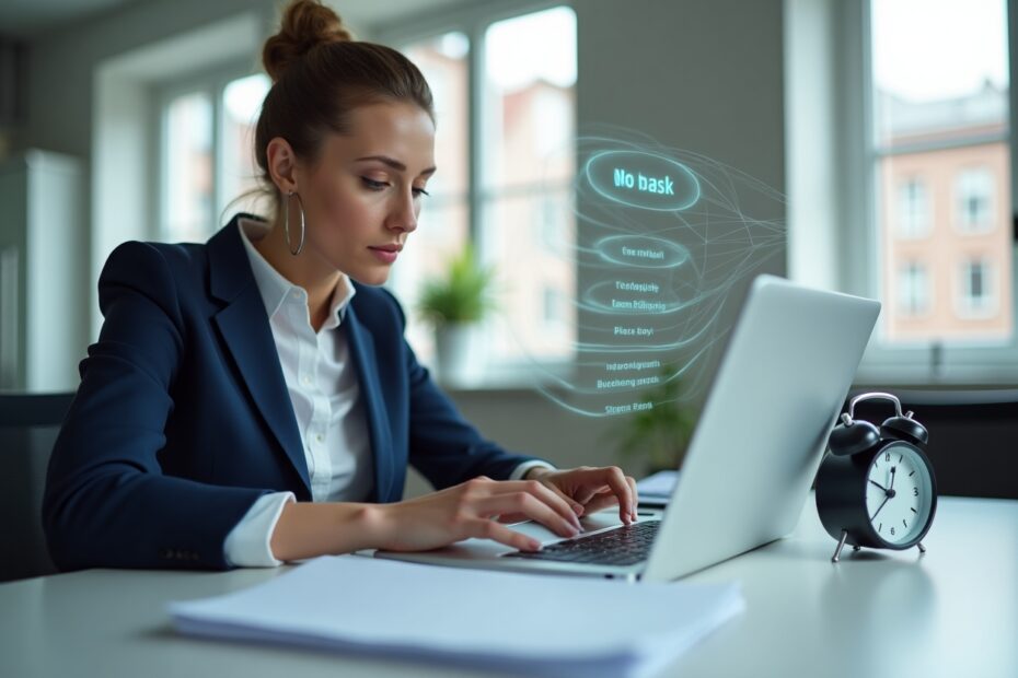 A modern German entrepreneur in a stylish home office balancing work and family life, with a laptop, smartphone, and planner on the desk, surrounded by a cozy, professional setting with natural lighting.